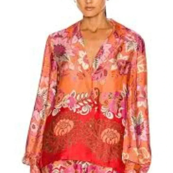 Alexis Beax Blouson-sleeve Printed Crepe Blouse In Orange Blossom L - Picture 1 of 16